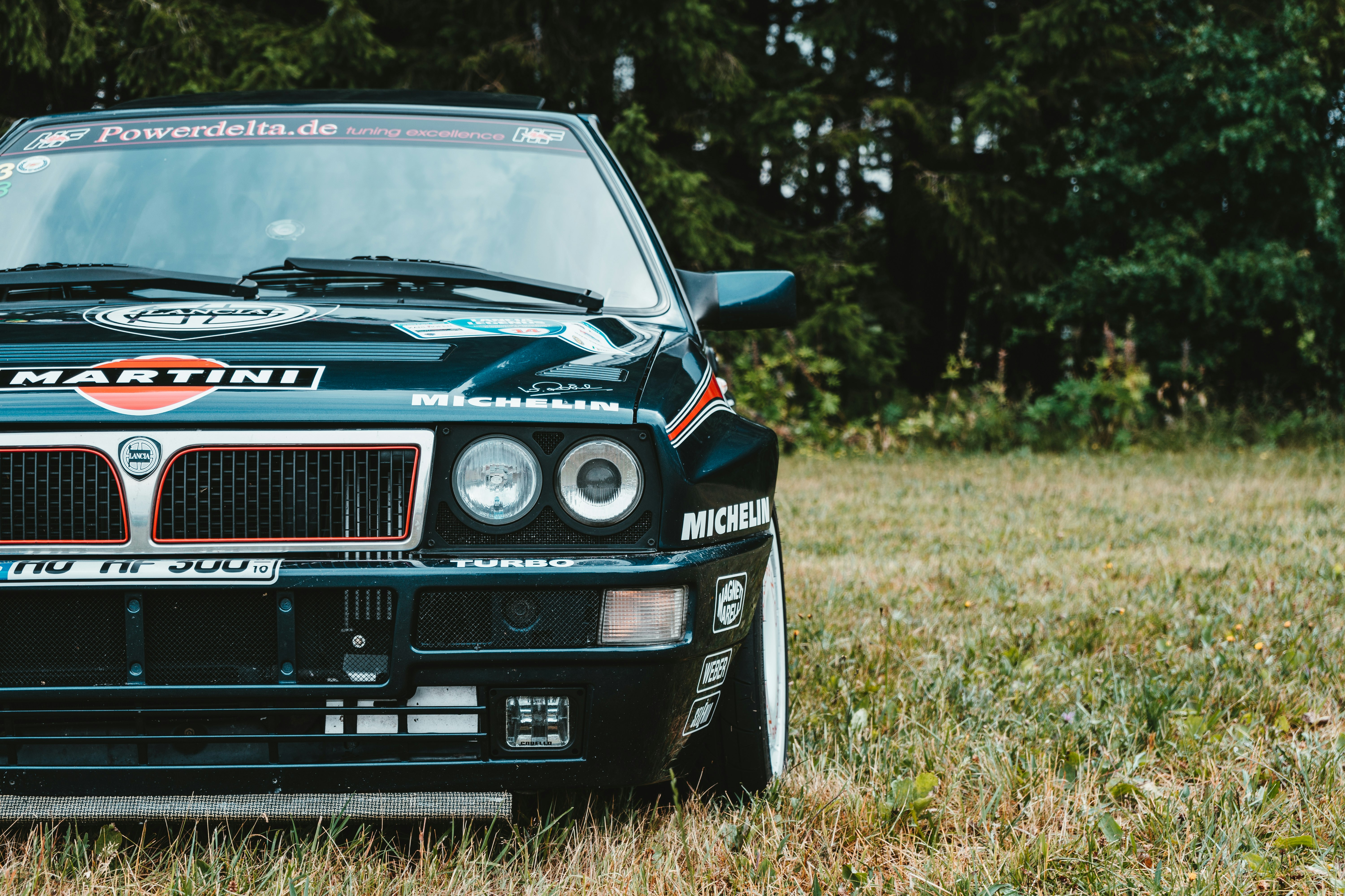 black Skoda rallye car parked in green grass lawn